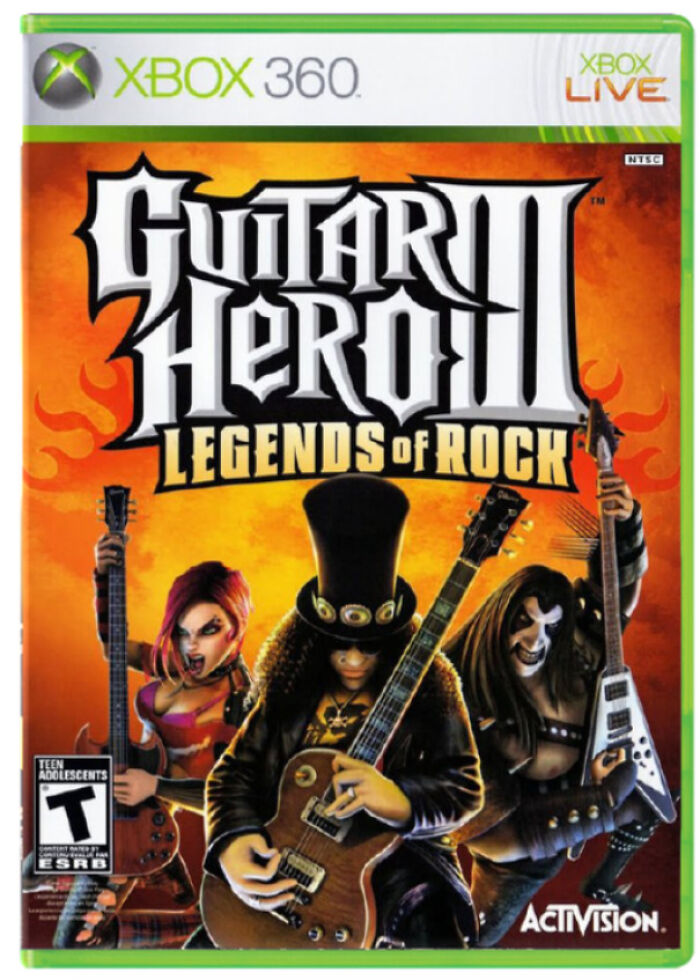 Xbox 360 Guitar Hero III cover, featuring animated rock musicians, represents nostalgic 2000s gaming.