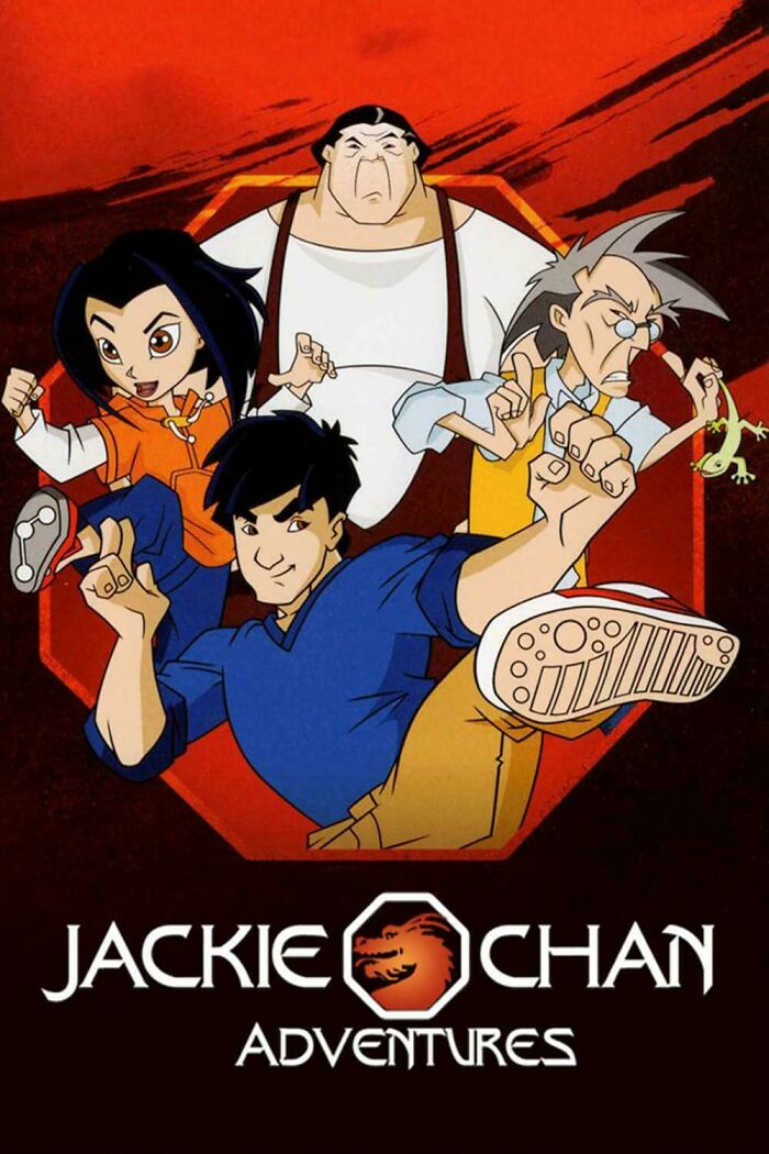Characters from "Jackie Chan Adventures," a nostalgic 2000s TV show, in an action pose against a red background.