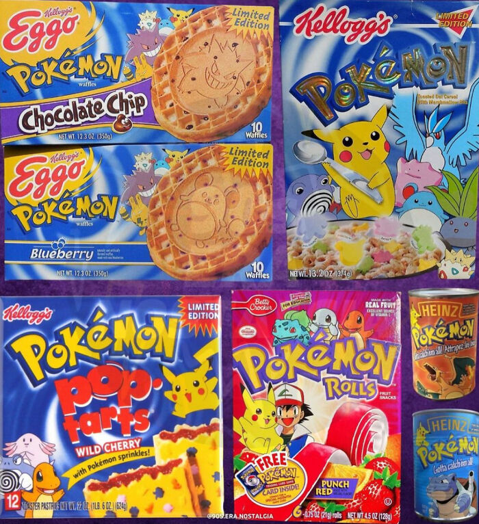 Nostalgic 2000s Pokémon-themed foods, including waffles, cereal, Pop-Tarts, fruit rolls, and pasta cans.