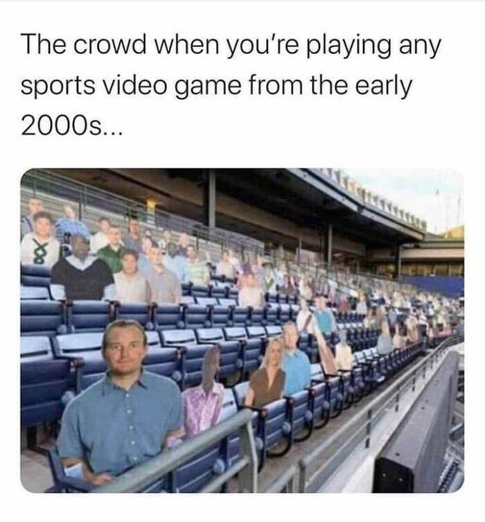 Stadium crowd of early 2000s sports video game with flat, repetitive audience figures in stands, evoking nostalgia.