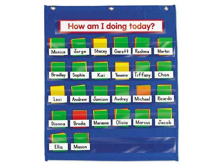 Classroom behavior chart with student names in pockets, nostalgic 2000s education tool.