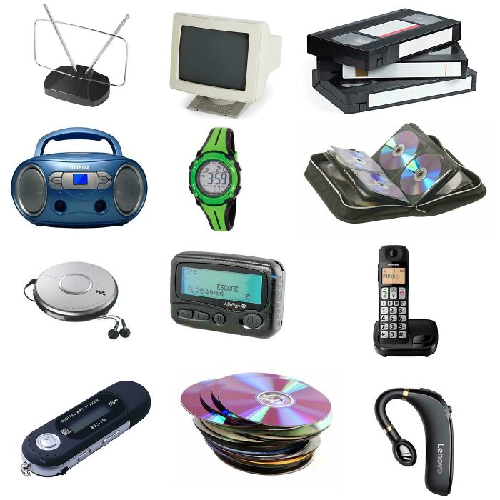 2000s gadgets including a CRT monitor, VHS tapes, CD player, boombox, pager, CDs, and a cordless phone.