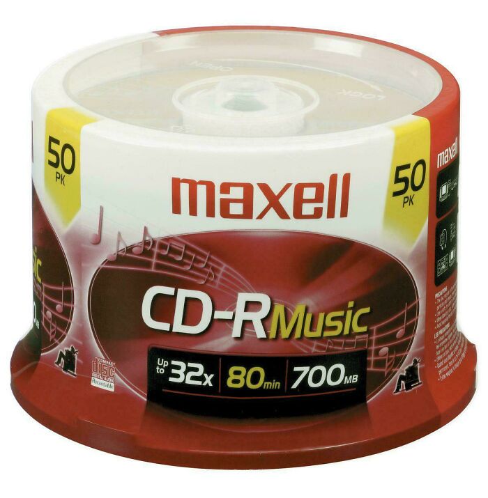 Maxell CD-R Music 50-pack from the 2000s, featuring 80 min capacity and 32x speed.