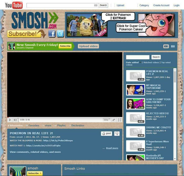 Early 2000s YouTube page showing Smosh video interface with nostalgic design elements.