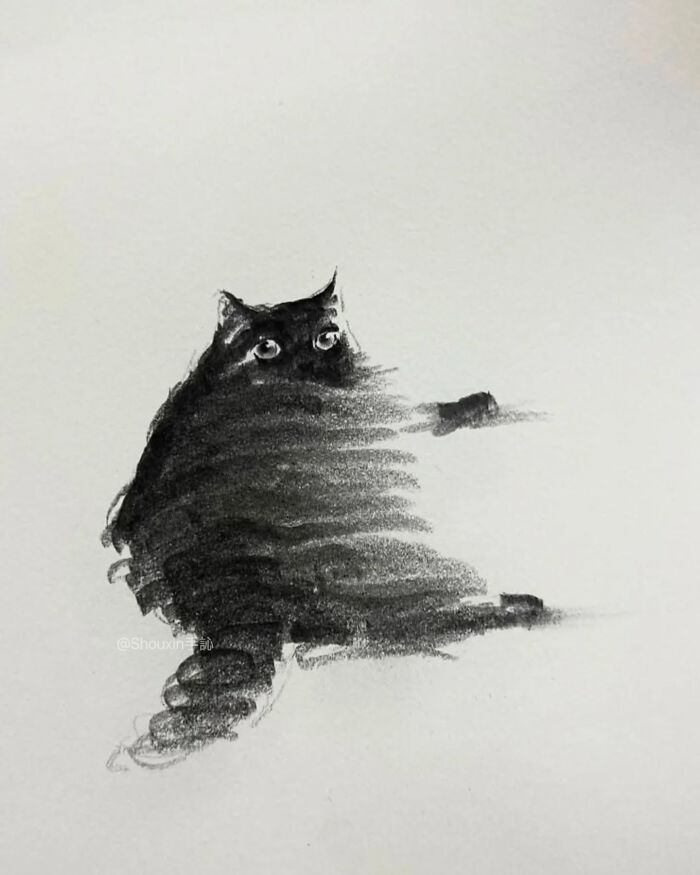 Minimalist sketch of a black cat showing personality with a few artistic strokes.