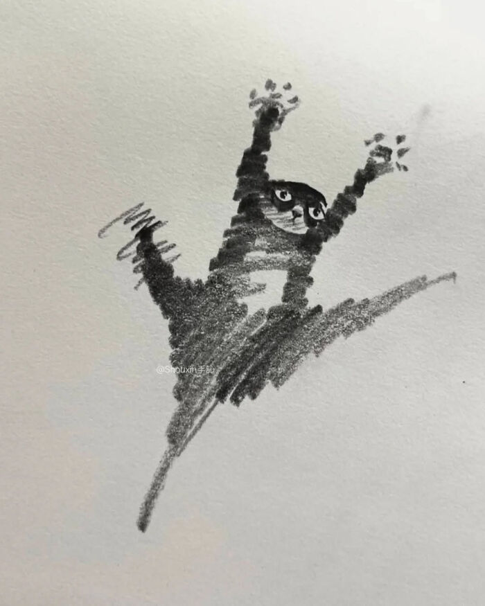Minimalist drawing of a cat leaping, created with few strokes, showcases personality in its expression.