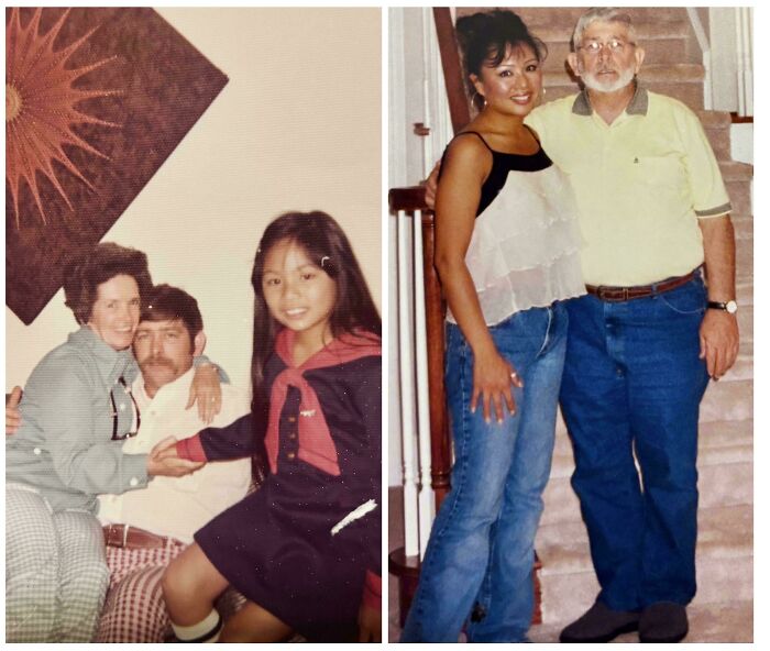 Side-by-side past and present pictures of family members showing sweet moments years apart.