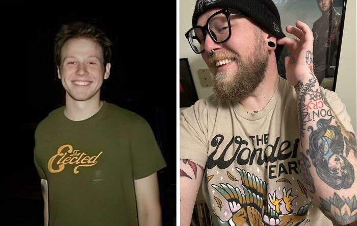 Side-by-side past and present pictures of a man showing changes over years with new tattoos and glasses.