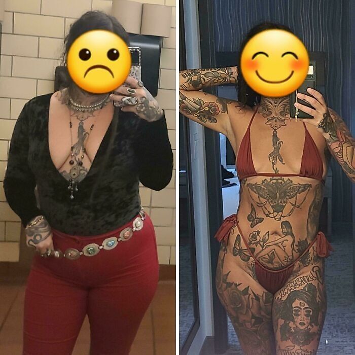 Side-by-side weight loss transformation photo showing tattooed individual before and after significant change.