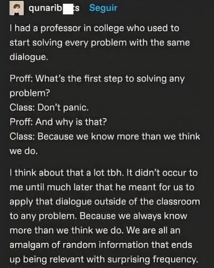 Tumblr post discussing a professor's advice on solving problems, highlighting knowledge beyond perceived limits, funny and insightful.