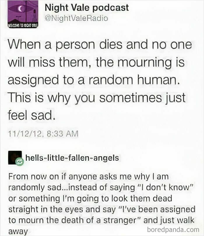 "The ugly side of Tumblr: humorous post discussing random sadness with a unique perspective on mourning."