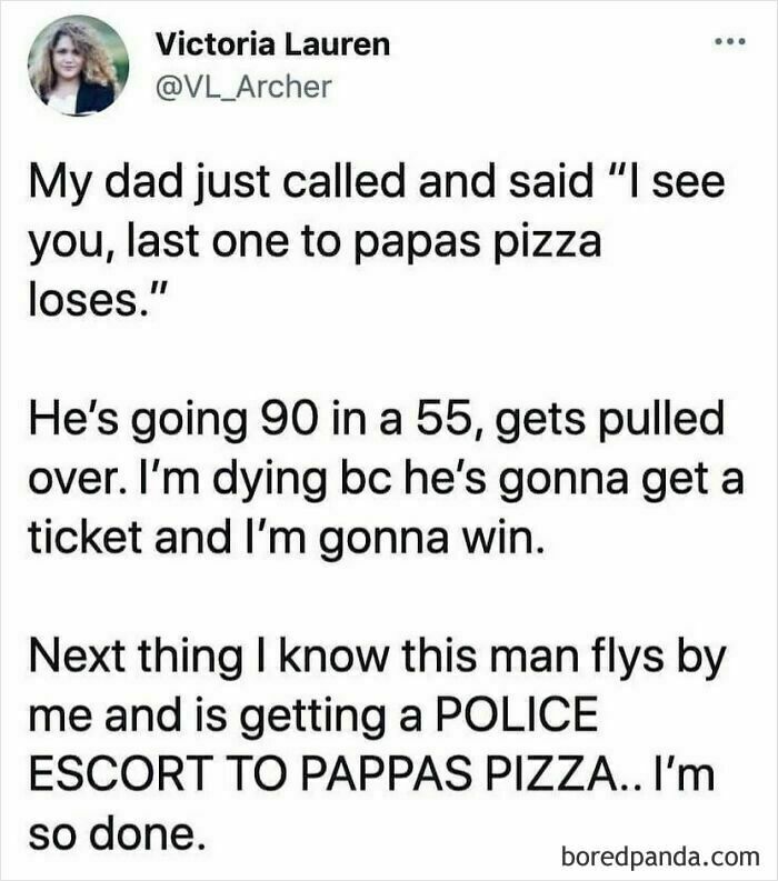 A humorous Tumblr post about a race to Papa's Pizza ending with a police escort.