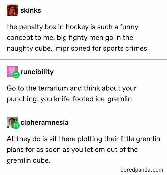 Funny Tumblr posts highlighting quirky takes on the hockey penalty box and imaginative gremlin scenarios.