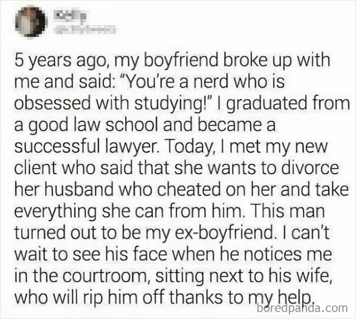 Text post humorously highlighting the ugly side of Tumblr with a story about a successful lawyer helping an ex’s wife.