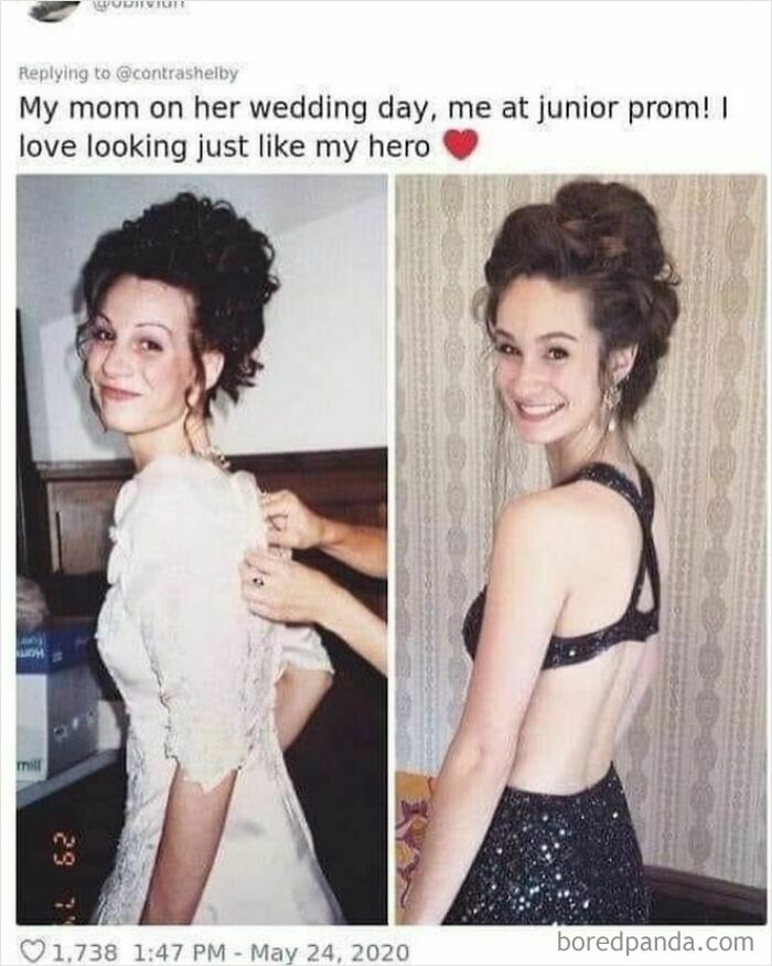 Mother and daughter in similar prom and wedding dresses highlighting funny side of Tumblr.