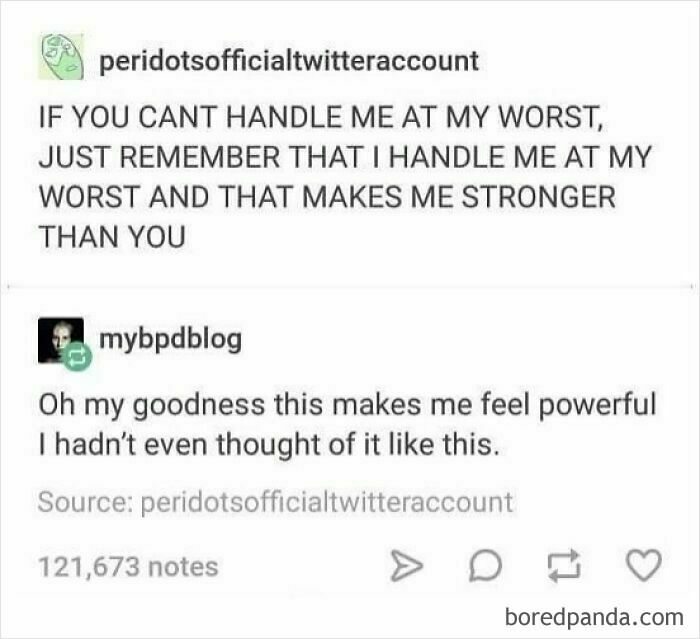 "Funny Tumblr post about handling oneself at their worst, sparking a powerful response and gaining 121,673 notes."