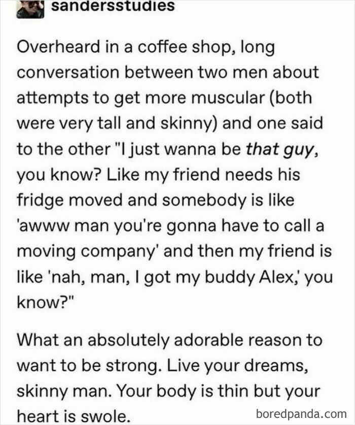 Funny Tumblr post about a conversation overheard in a coffee shop, discussing the desire to be muscular and helpful.