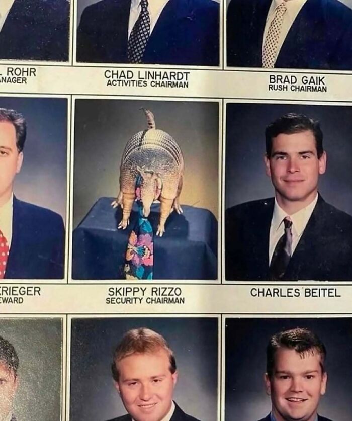 Yearbook page with an armadillo in a tie, labeled "Security Chairman", among student portraits.