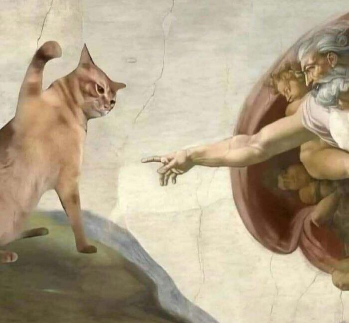 Cat confronting a deity in a humorous parody of a classic painting, featuring one of the hardest animals.