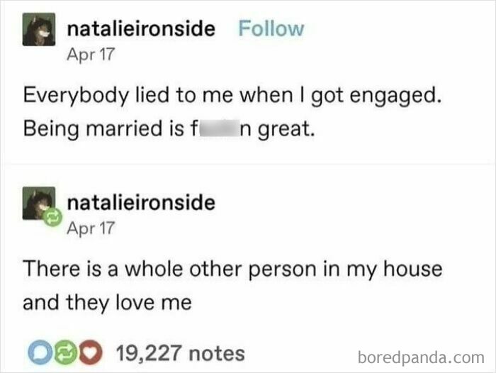 Funny Tumblr post about loving married life, highlighting the humorous side of relationships.