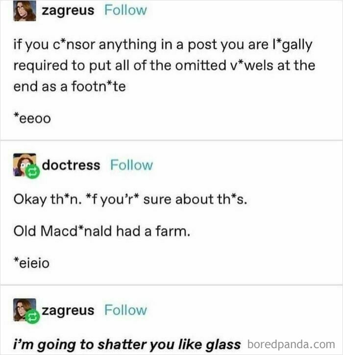 Funny censored conversation highlighting Tumblr's humor, with omitted vowels and footnotes for added comedy.