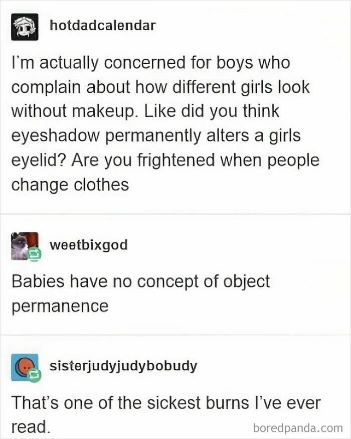Funny Tumblr posts highlighting its sarcastic side, discussing makeup and object permanence in a humorous exchange.