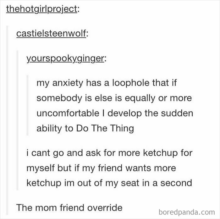 Funny Tumblr post about anxiety and the "mom friend" instinct to help others, highlighting the platform's quirky side.