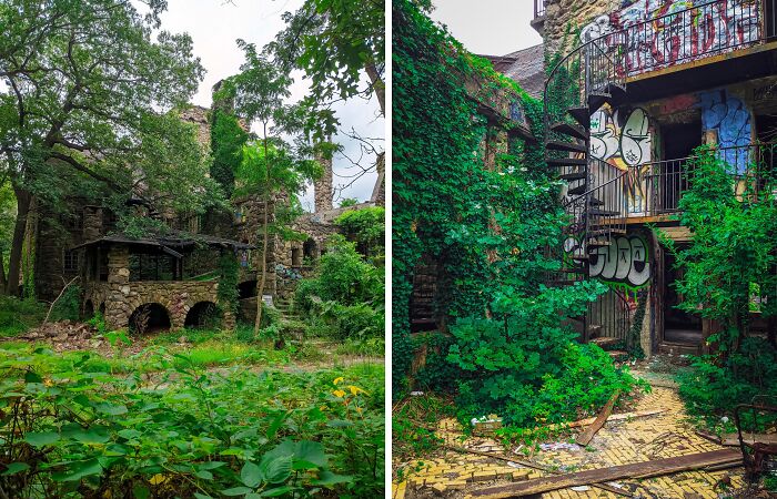 Abandoned stone buildings overgrown with lush green vegetation, showcasing nature reclaiming civilization.