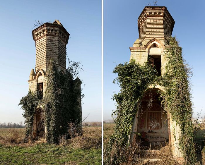 Overgrown ivy enveloping an abandoned tower, illustrating nature reclaiming civilization.