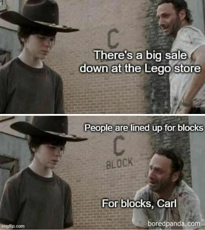 Scene from a show used as a dad humor meme about a Lego store sale, with a play on words about being "lined up for blocks."