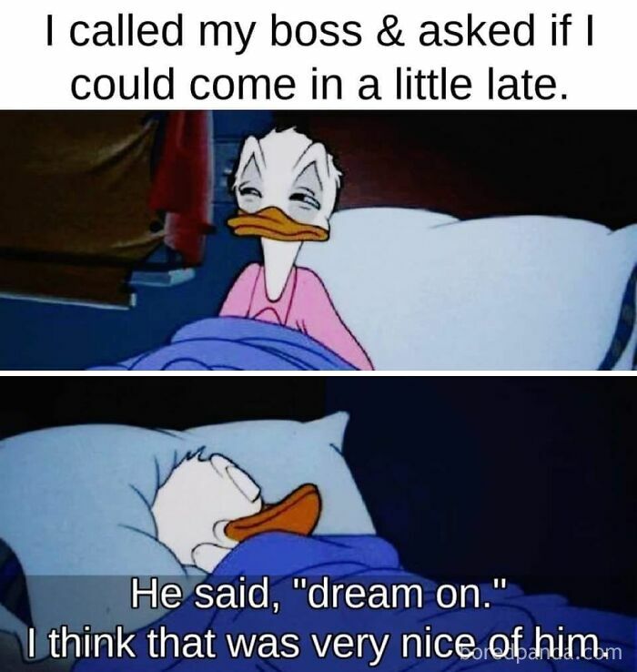 Cartoon duck in bed, illustrating dad's humor with a joke about calling in late to work.