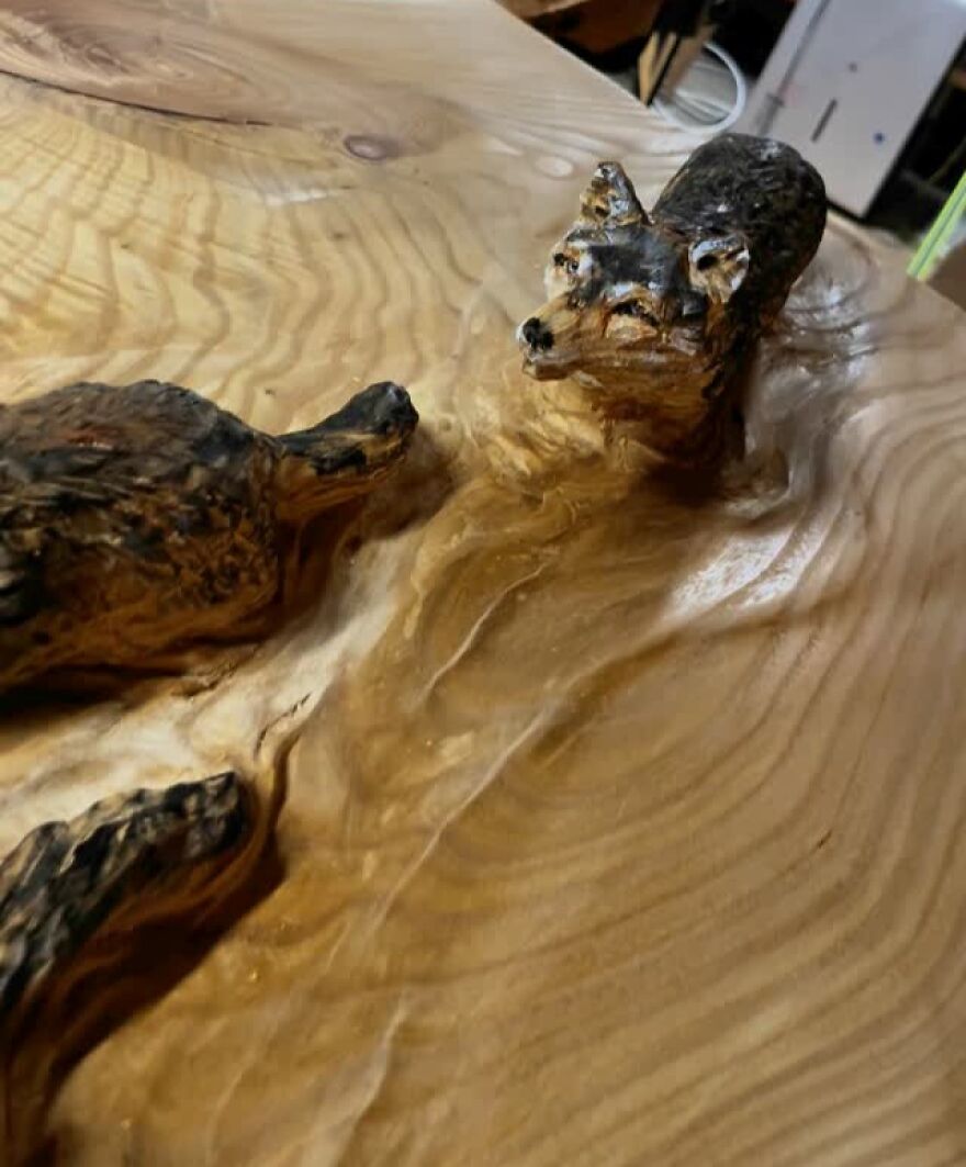 Chainsaw artist's sculpture of a wolf and tortoise intricately carved into a log.