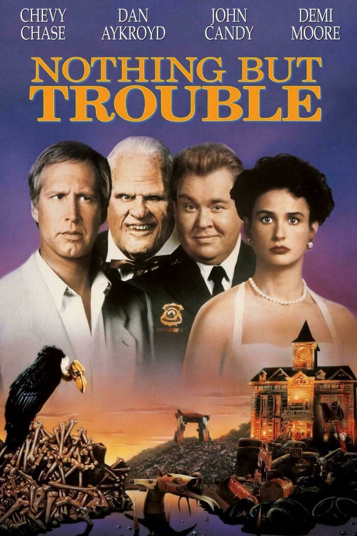 '90s movie poster for "Nothing But Trouble" featuring four main characters and a spooky mansion.