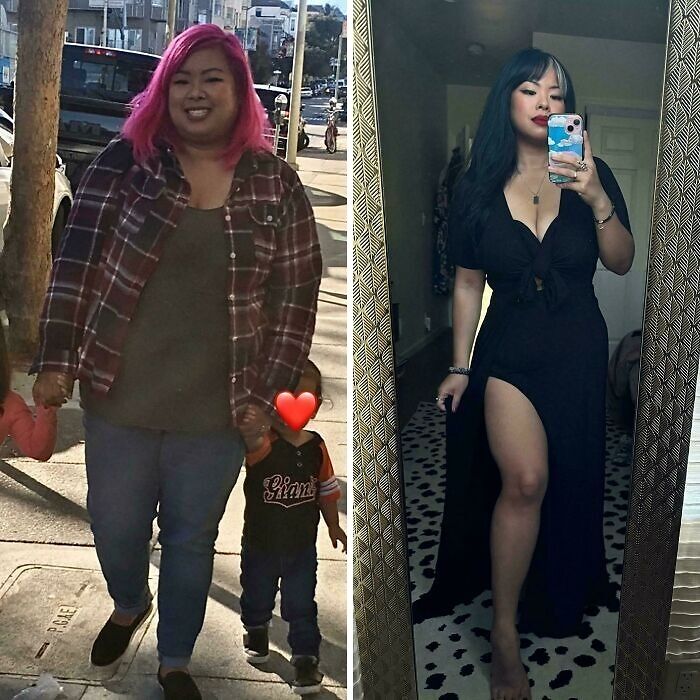 Before and after weight-loss transformation; left shows woman with pink hair, right shows her with dark hair in a black dress.
