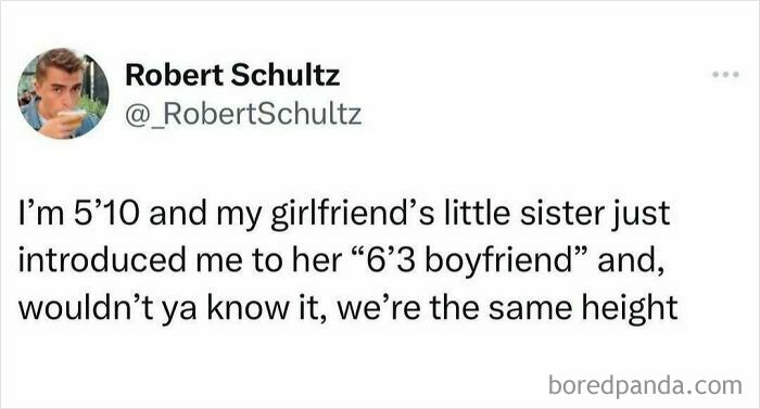 Random meme about height discrepancies in relationships, featuring a humorous tweet from Robert Schultz.