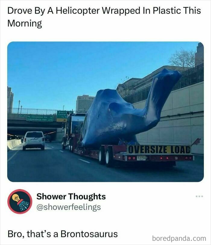 Truck carrying a large, humorously wrapped object resembling a dinosaur, tagged as an "oversize load" in a random meme.