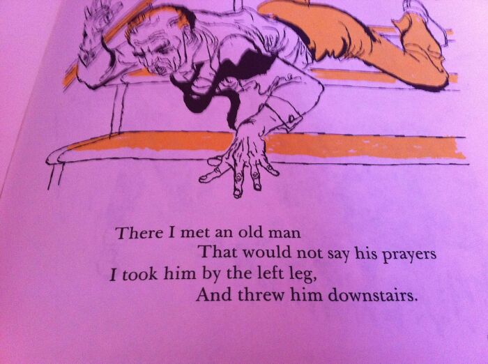 Illustration from poorly written designed books showing an old man falling down stairs with accompanying verse.