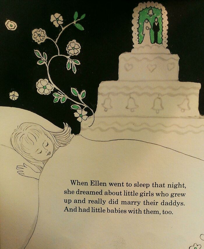 Illustration from poorly written book showing a sleeping child dreaming of a wedding cake.