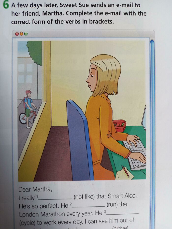 Cartoon woman typing at computer, exercising verbs; example of poorly-designed books.