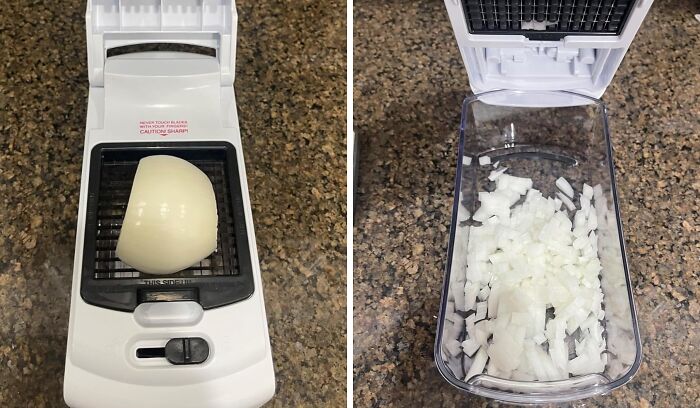 Onion chopper demonstrating its worth in the long term by slicing onions efficiently on a countertop.