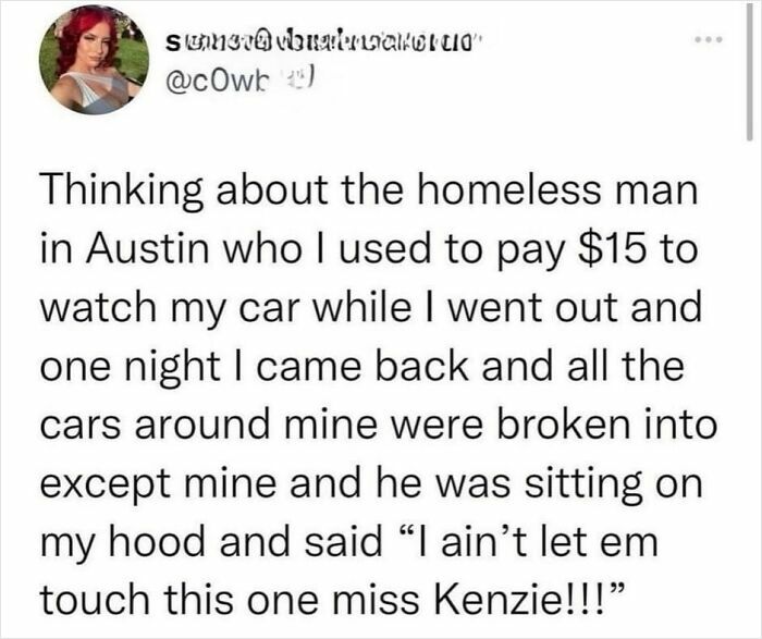 Funny Tumblr post about paying a homeless man to watch a car, highlighting the humorous side of car protection.