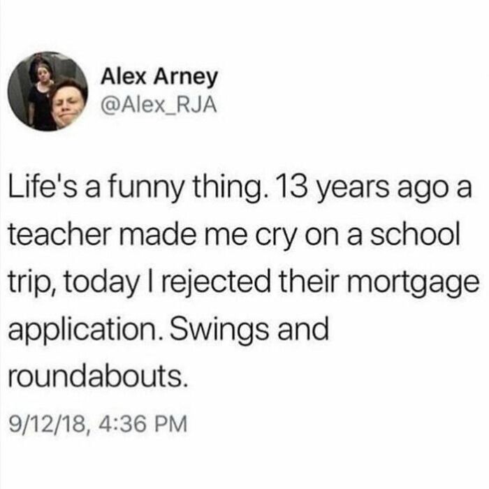 Post highlighting the funny and ironic side of Tumblr, featuring a personal story about school and mortgages.