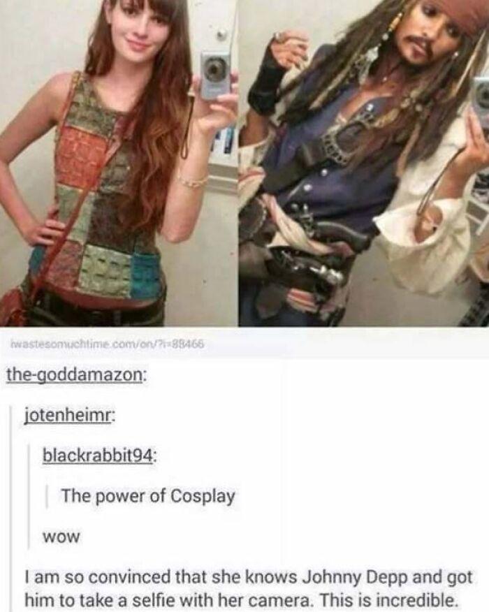 Woman in colorful top taking a selfie with a person dressed as a pirate; funny highlight of the ugly side of Tumblr.