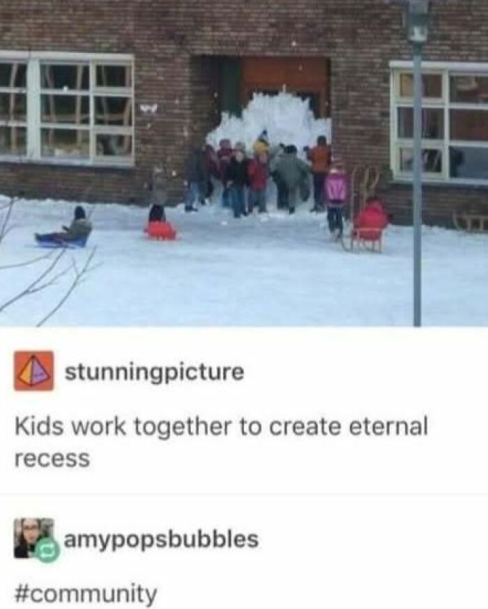 Kids blocking a door with snow in a playful effort, showcasing the funny side of Tumblr.