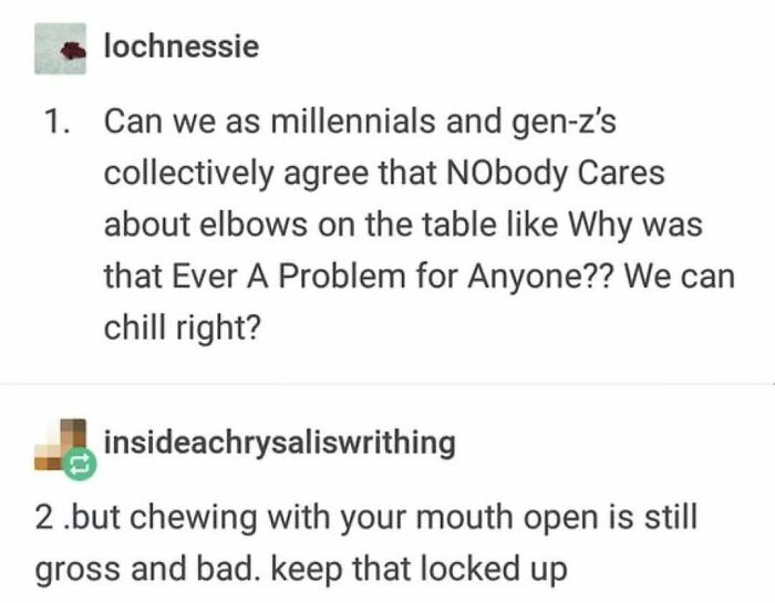 Two Tumblr posts humorously debate social etiquette on elbows and chewing, highlighting Tumblr's funny side.