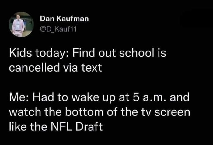 Tweet highlighting nostalgic 2000s memory of learning about school cancellations from TV, comparing it to today's text alerts.