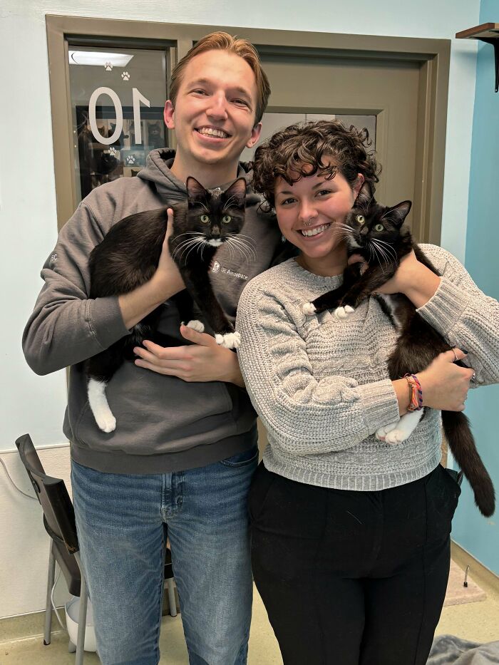 Two people smiling while holding two tuxedo cats, showcasing their sophisticated yet hilarious appearance.