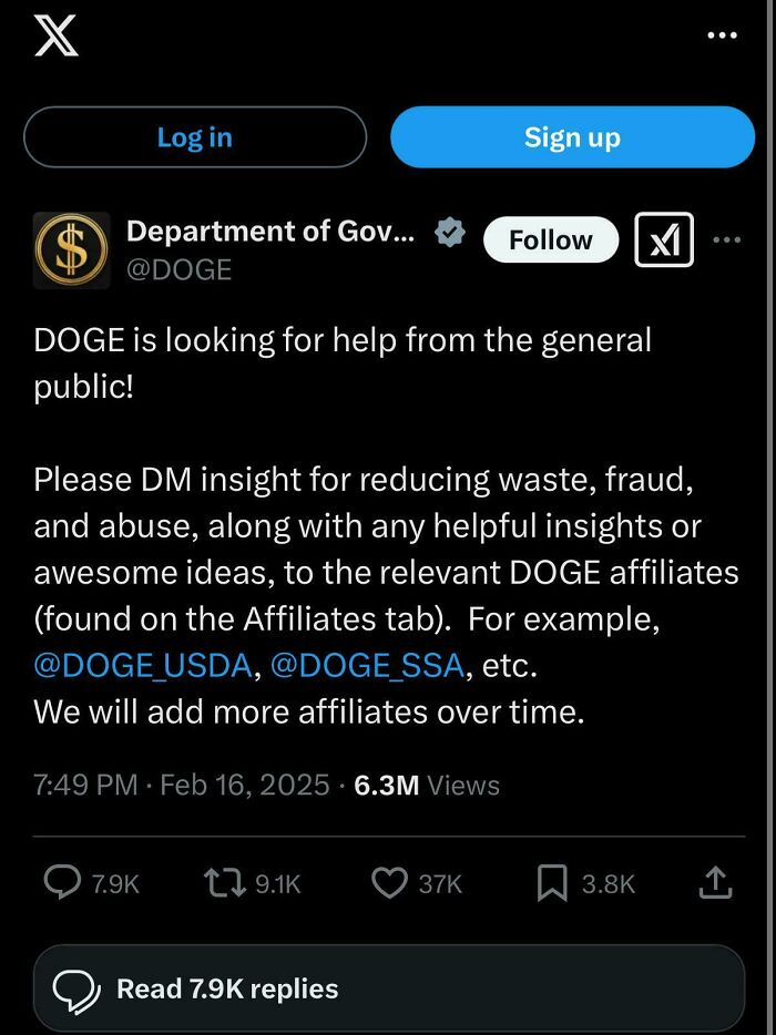 Tweet from Department of Gov asking public for ideas to reduce waste, fraud, and a***e highlighting consumerism issues online.