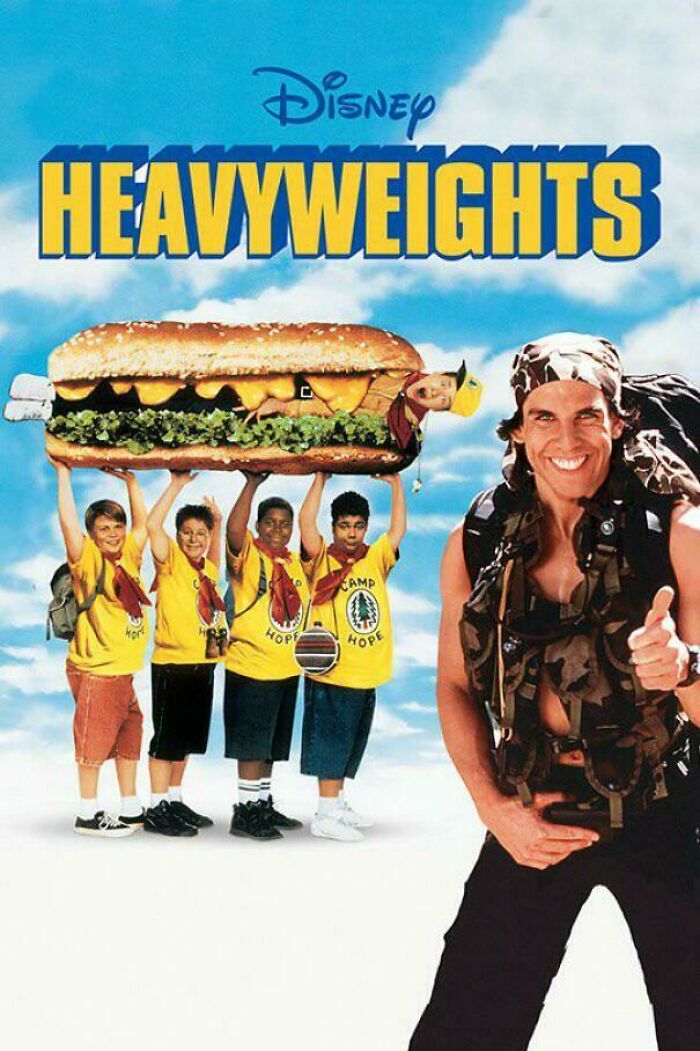 '90s movie "Heavyweights" poster featuring kids lifting a giant sandwich, promoting classic Disney comedy.