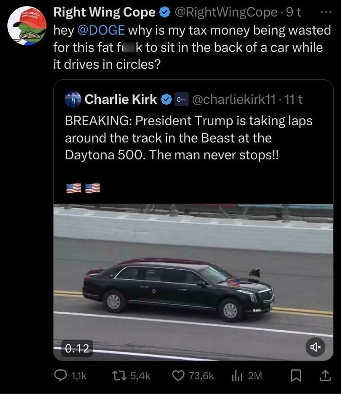 Tweet exchange showing someone questioning tax money use during a Daytona 500 event, featuring a limousine on the track.